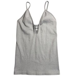 Grey Ribbed V-Neck Lattice Camisole Tank Top Womens OS Fitted Summer Festival